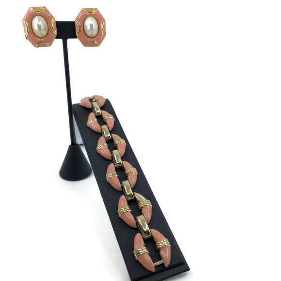 Donald Stannard Bracelet and Earring Set Gold with Coral Enamel and Faux Pearl, - Picture 10 of 10